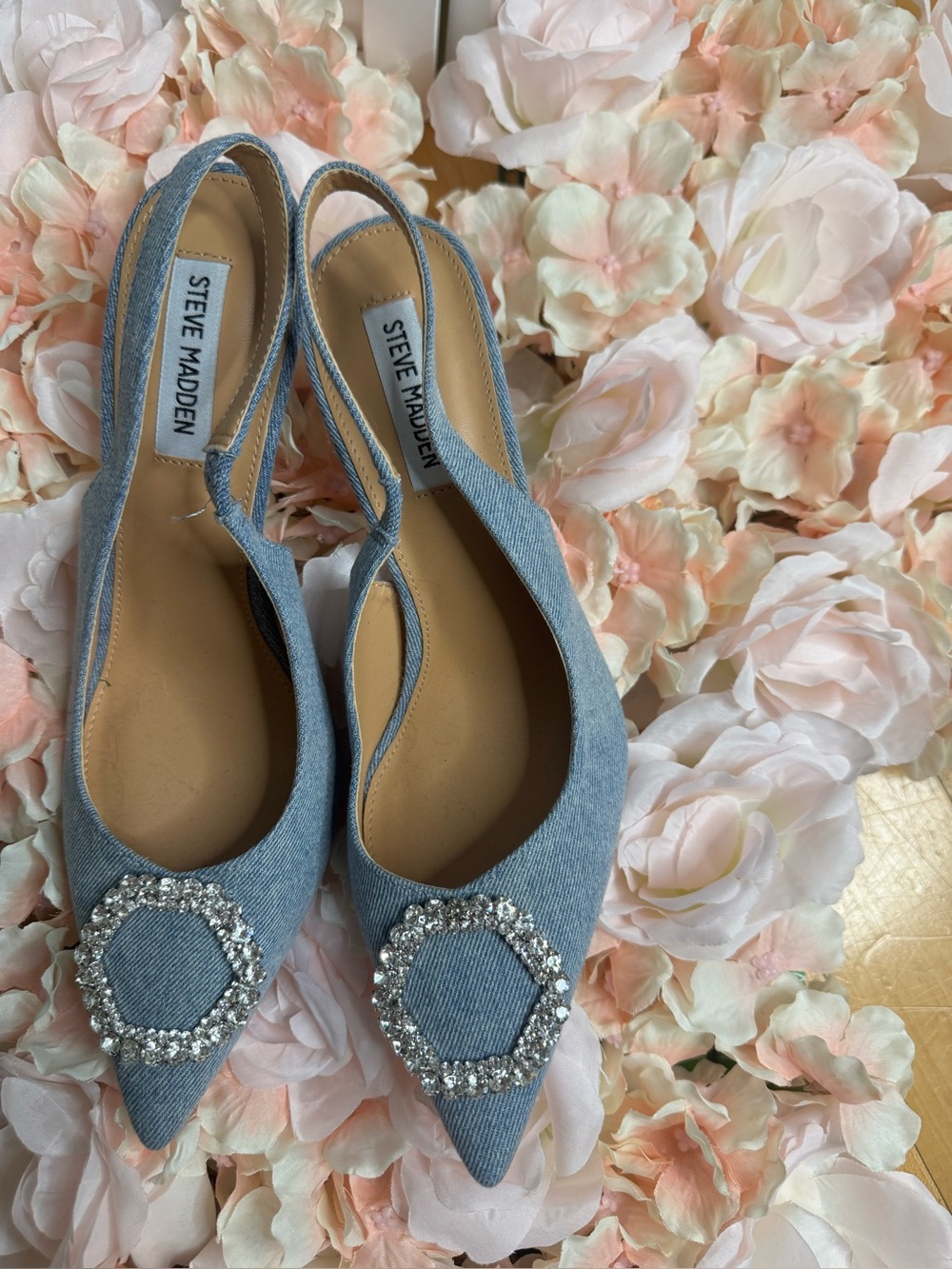 Steve Madden Light Blue Denim Slingback Flats with Crystal Round Buckle